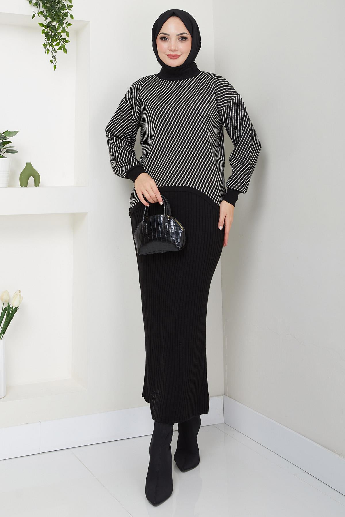 Yatay Çizgili Kazak Jile Triko Takım Siyah HM2591