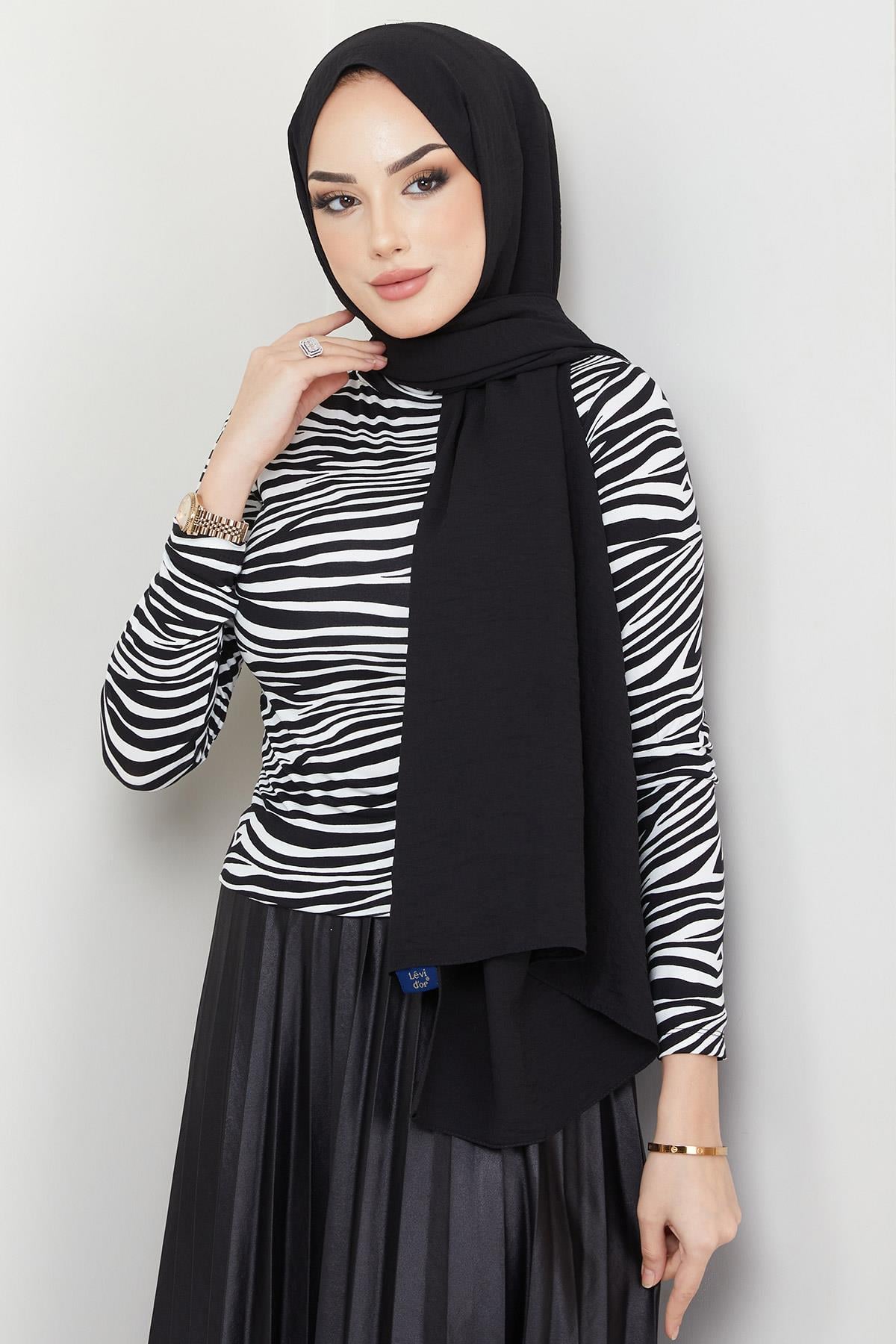 Zebra Desen Balıkçı Yaka Body Siyah