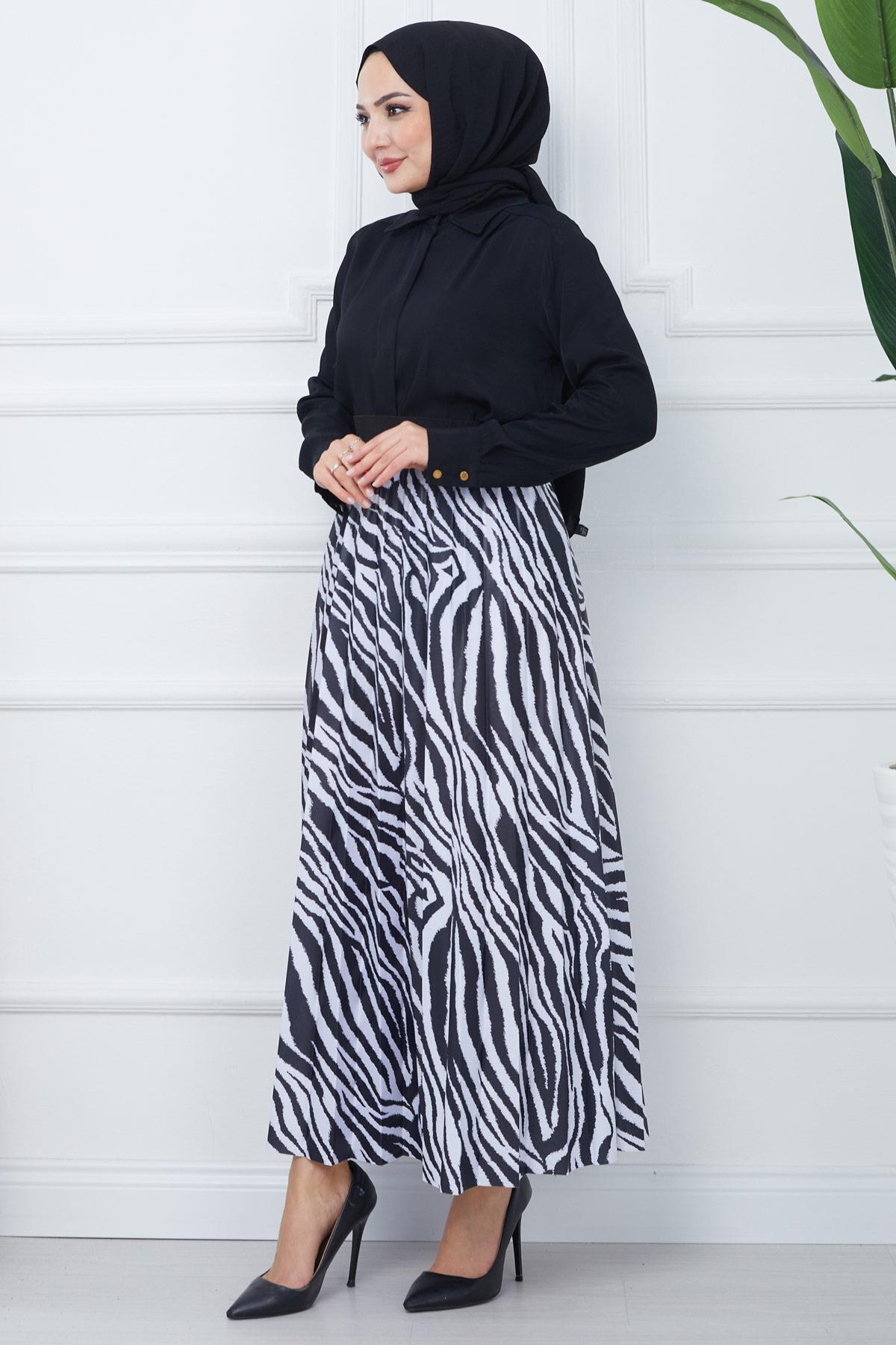 Zebra Desen Piliseli Etek Siyah HM2391