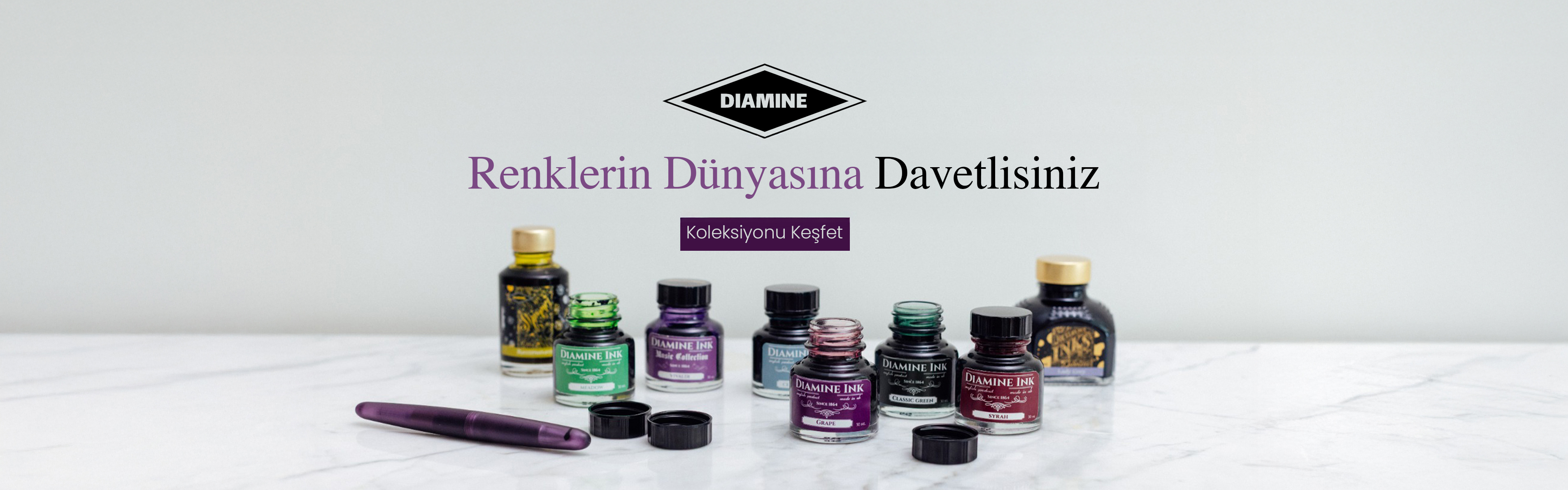 Diamine mürekkep şişeleri,Renkli dolma kalem mürekkebi,Diamine mürekkep kapak görseli,Renklerin dünyasına davetlisiniz,Unmei diamine koleksiyonu