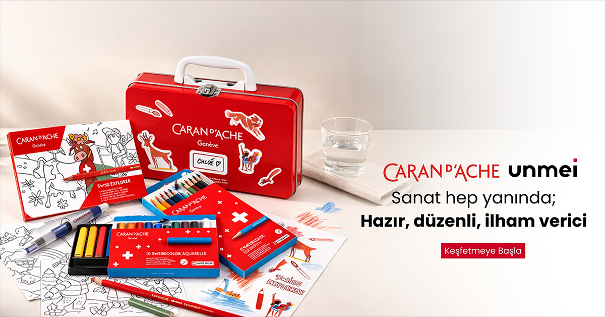 Caran d'ache swiss explorer çocuk sanat seti kırmızı metal çanta