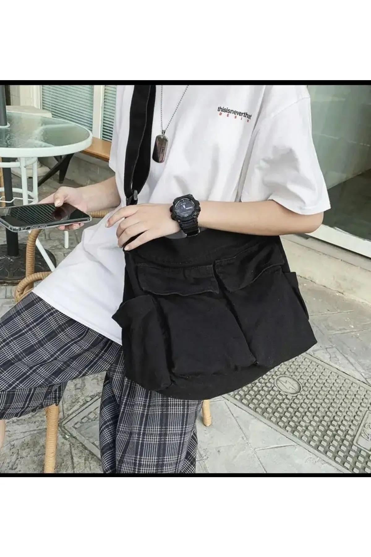 Harajuku Vintage Unisex Kargo Cep İç Hacmi Geniş Siyah Postacı Çanta