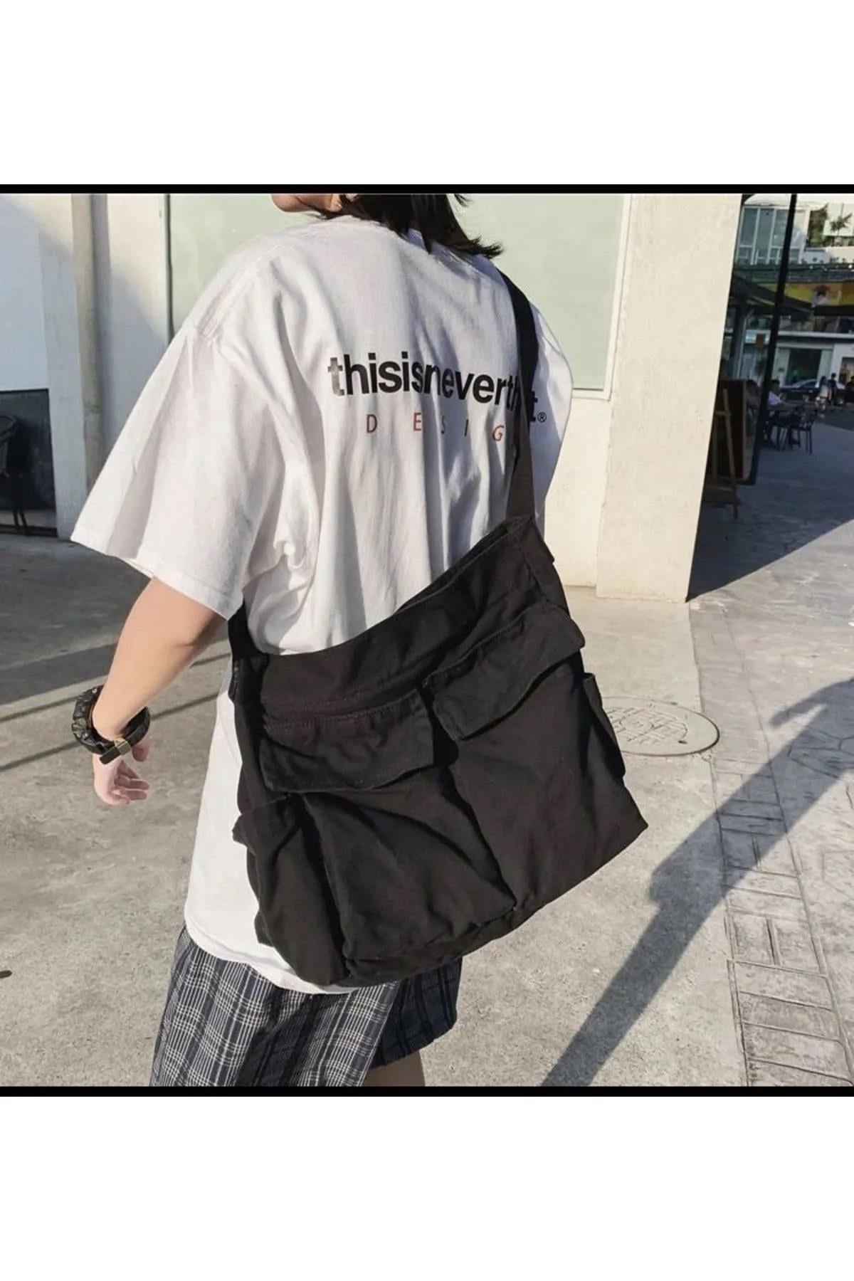 Harajuku Vintage Unisex Kargo Cep İç Hacmi Geniş Siyah Postacı Çanta