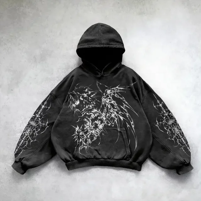  Siyah Punk Anime Detail Gothic Kapüşonlu Sweatshirt