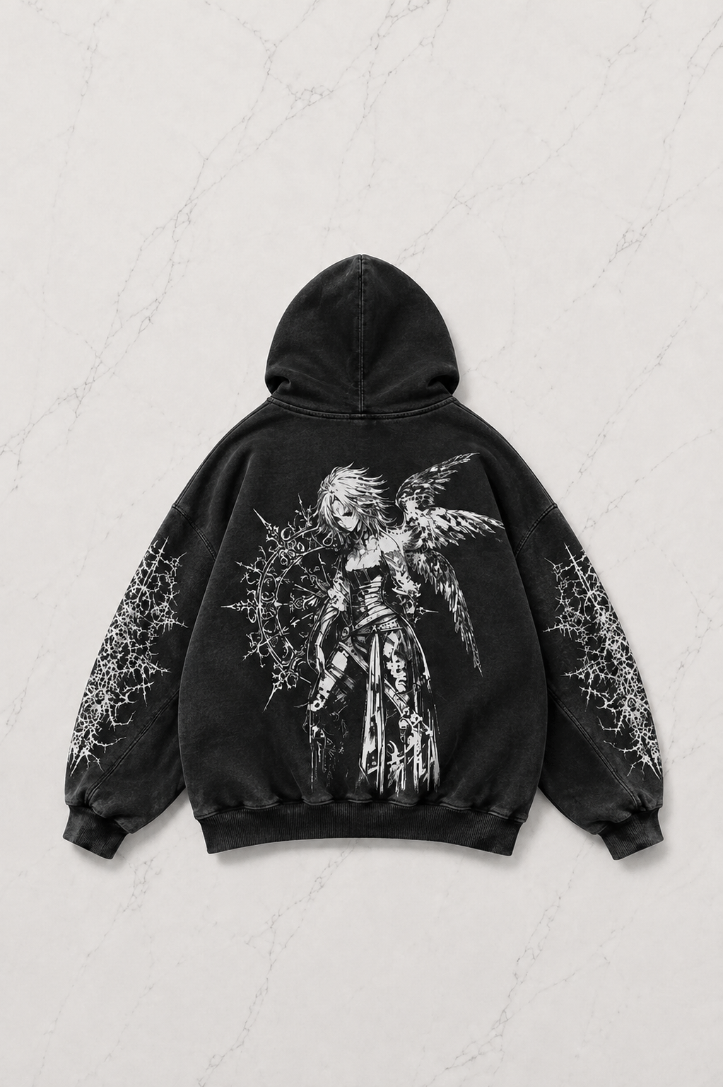  Siyah Thinking Angel Woman Gothic Kapüşonlu Sweatshirt