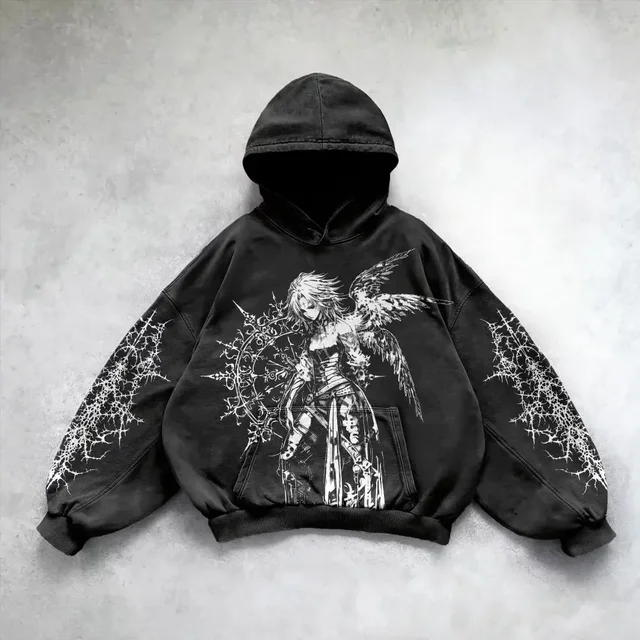  Siyah Thinking Angel Woman Gothic Kapüşonlu Sweatshirt