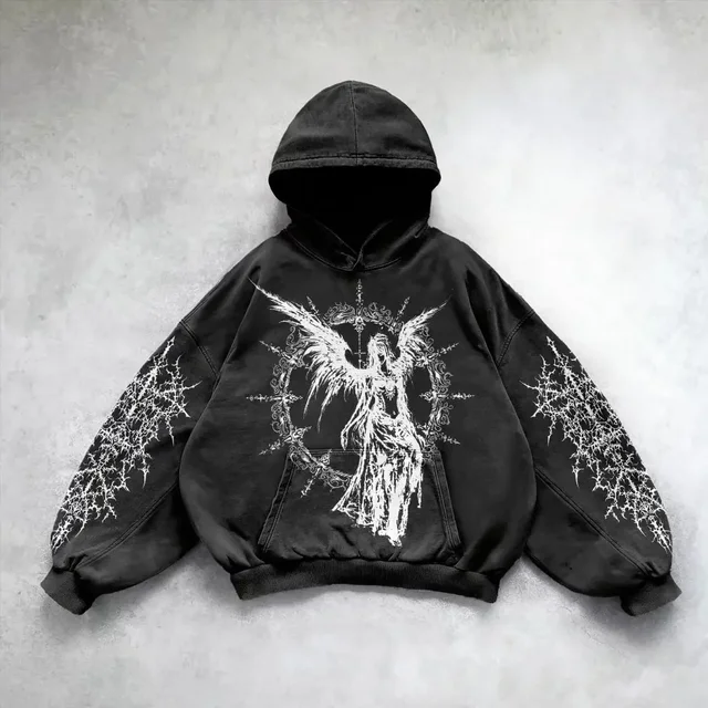  Siyah Woman With Angel Wings Woman Gothic Kapüşonlu Sweatshirt