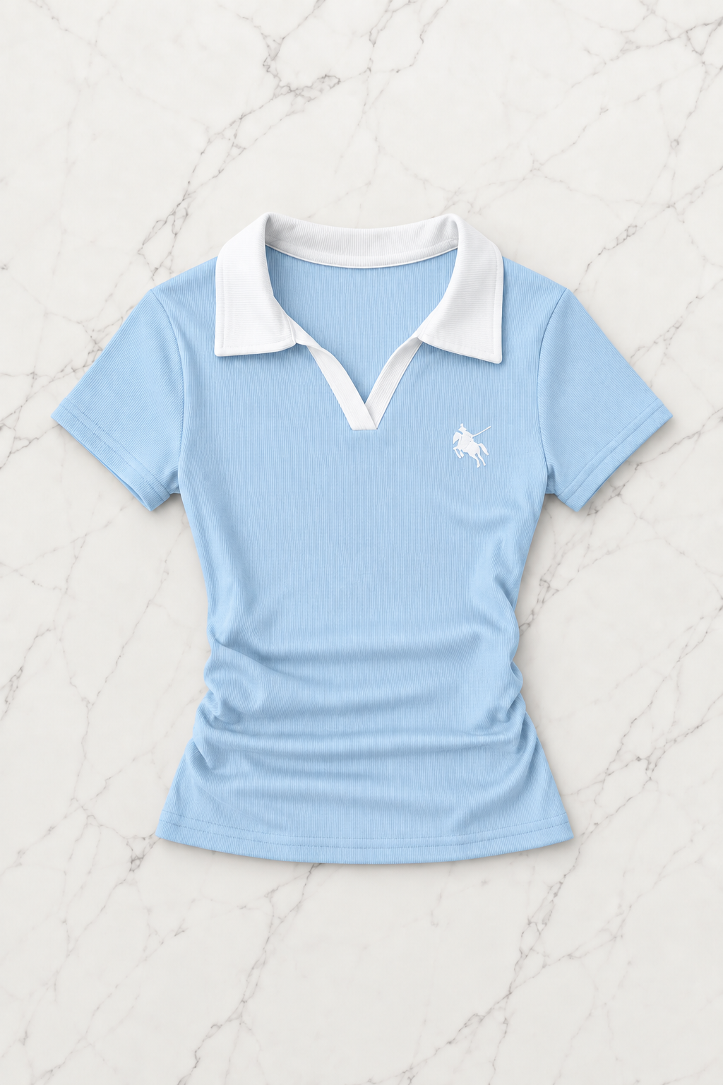 Açık Mavi Solo Polo Yaka Beyaz Yakalı Bluz