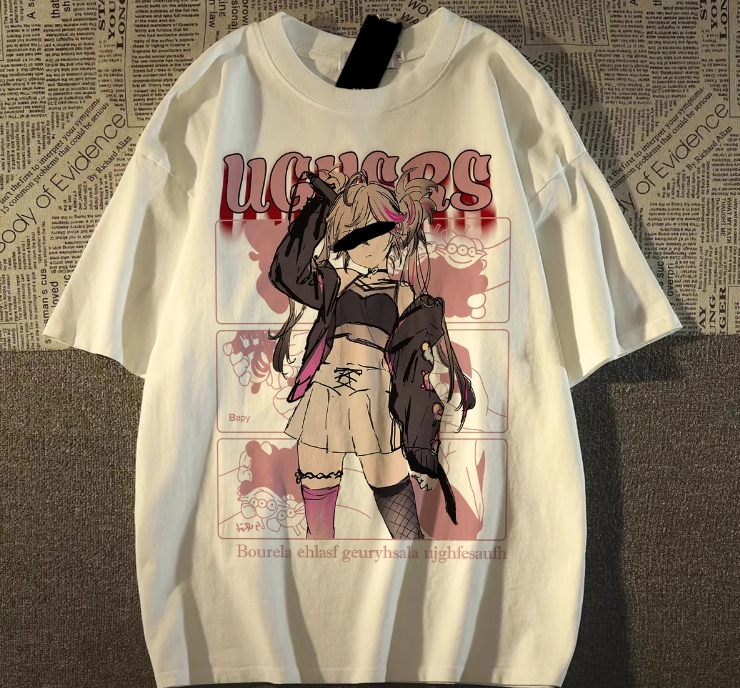 Anime Girl Detaylı Oversize Unisex Beyaz T-shirt
