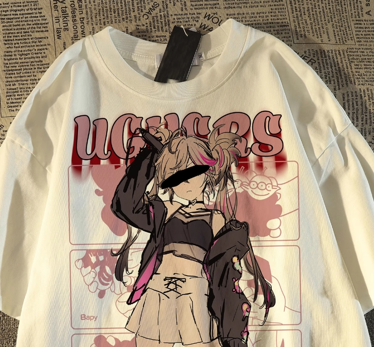 Anime Girl Detaylı Oversize Unisex Beyaz T-shirt