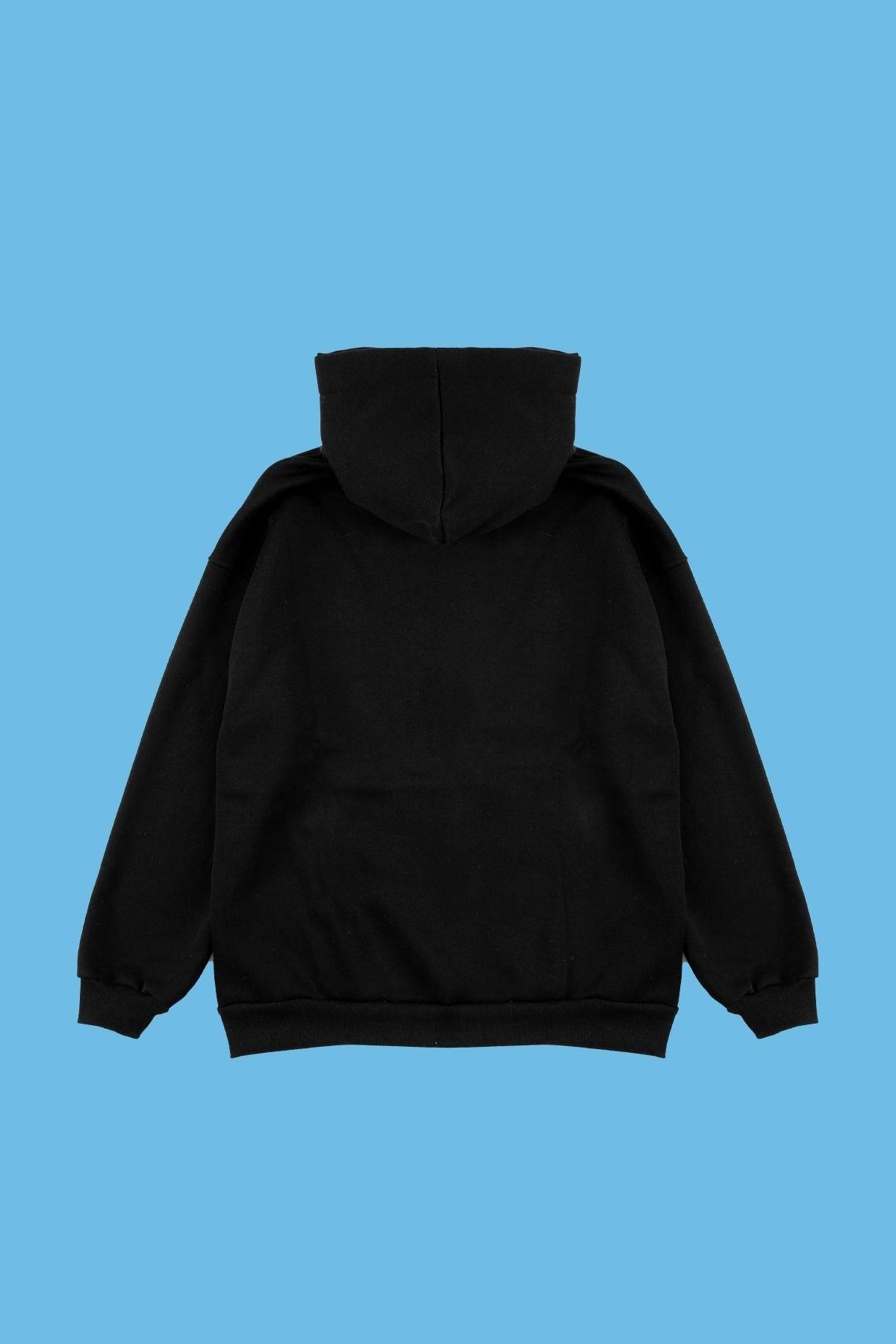 AOAMOB Logo Baskılı Oversize Unisex Fermuarlı Siyah Hoodie