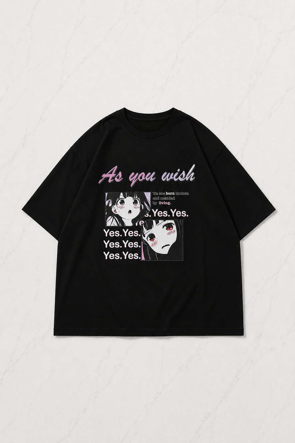 As You Wish Detaylı Oversize Unisex Siyah T-shirt