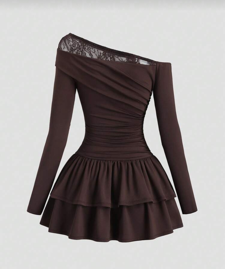 Asimetrik Lace Fırfırlı Lolita Elbise - Kahverengi