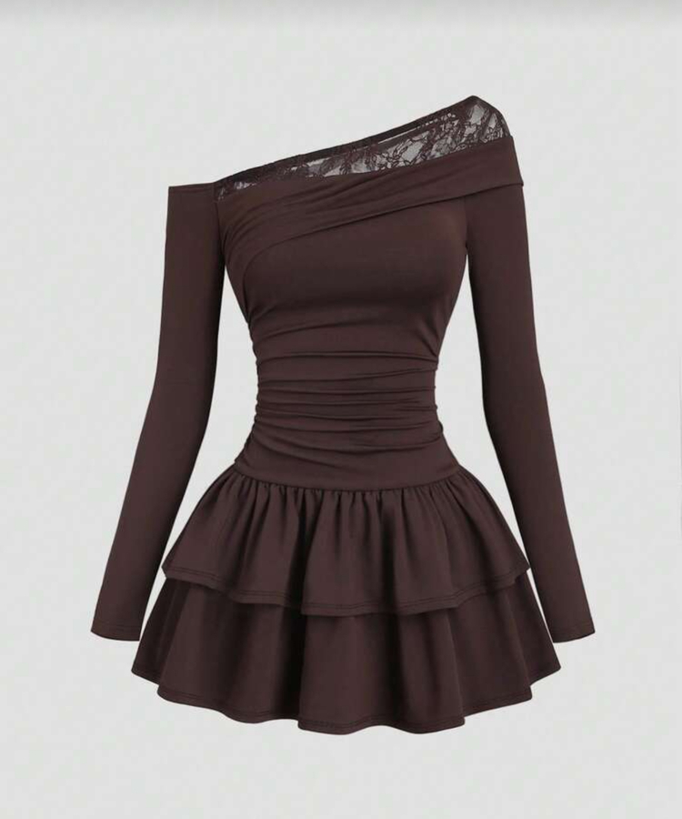 Asimetrik Lace Fırfırlı Lolita Elbise - Kahverengi