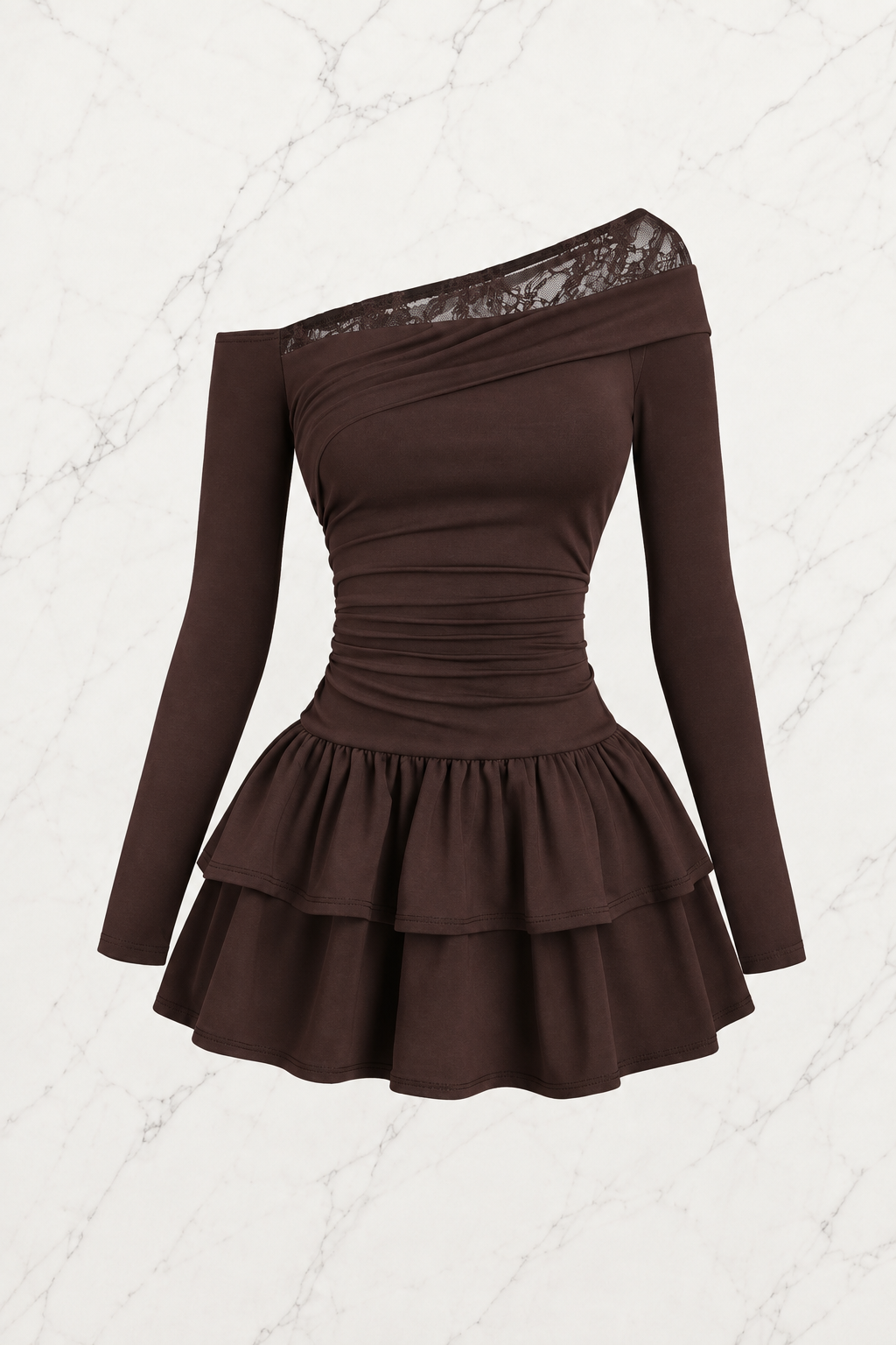 Asimetrik Lace Fırfırlı Lolita Elbise - Kahverengi
