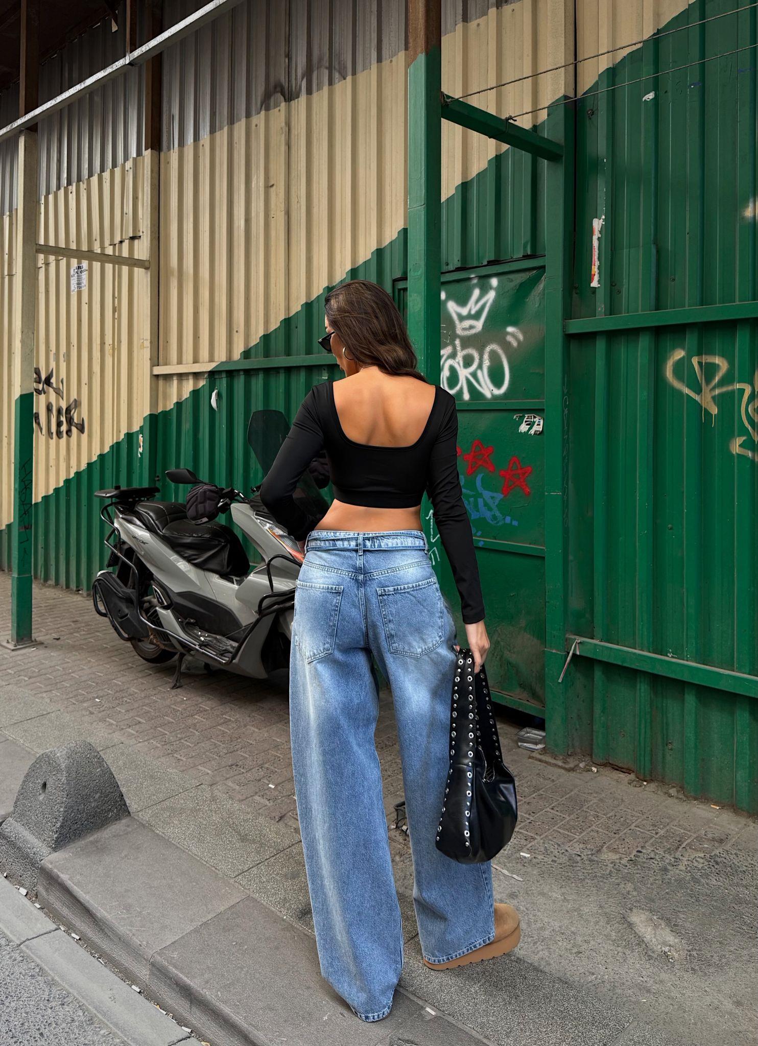 Bağcık Detaylı Mavi Loose Fit Bol Paça Pantolon