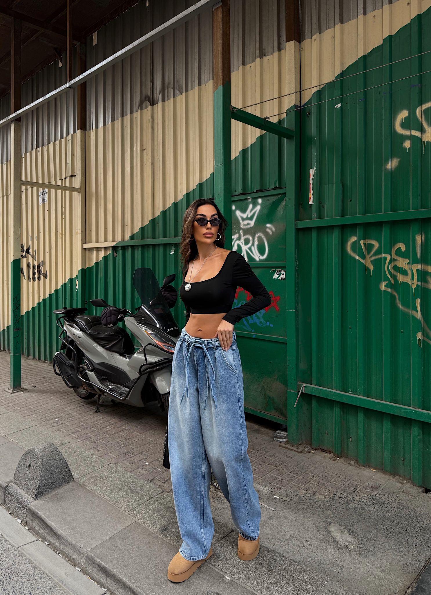 Bağcık Detaylı Mavi Loose Fit Bol Paça Pantolon