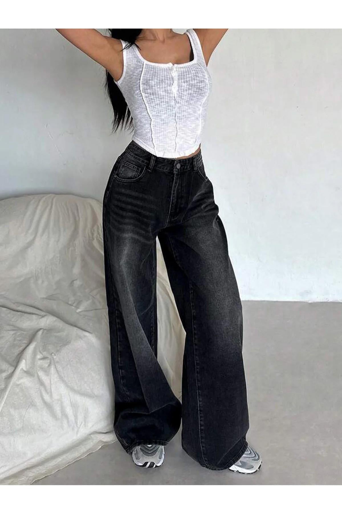 BAGGY SİYAH RETRO YIKAMALI JEAN PANTOLON