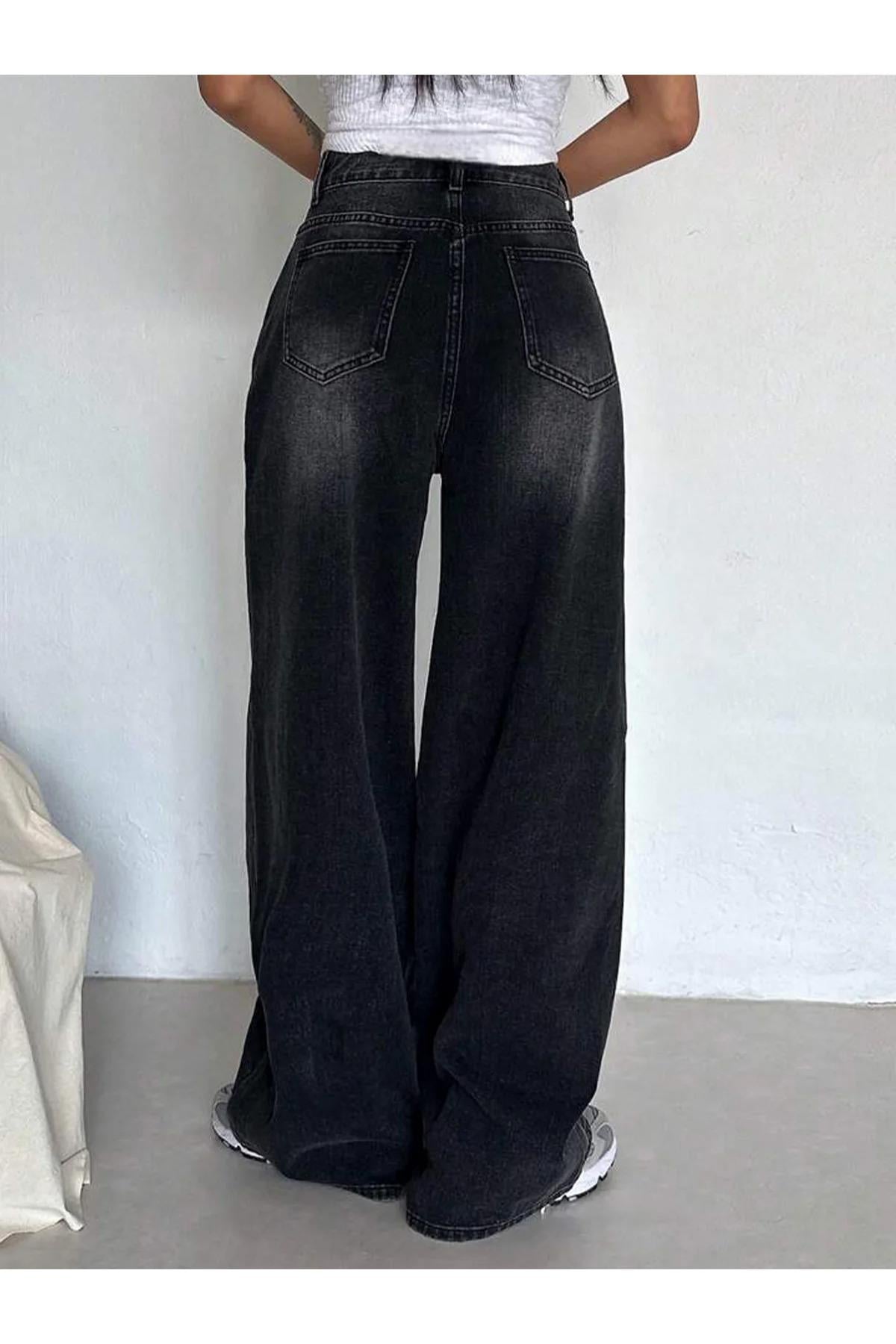 BAGGY SİYAH RETRO YIKAMALI JEAN PANTOLON