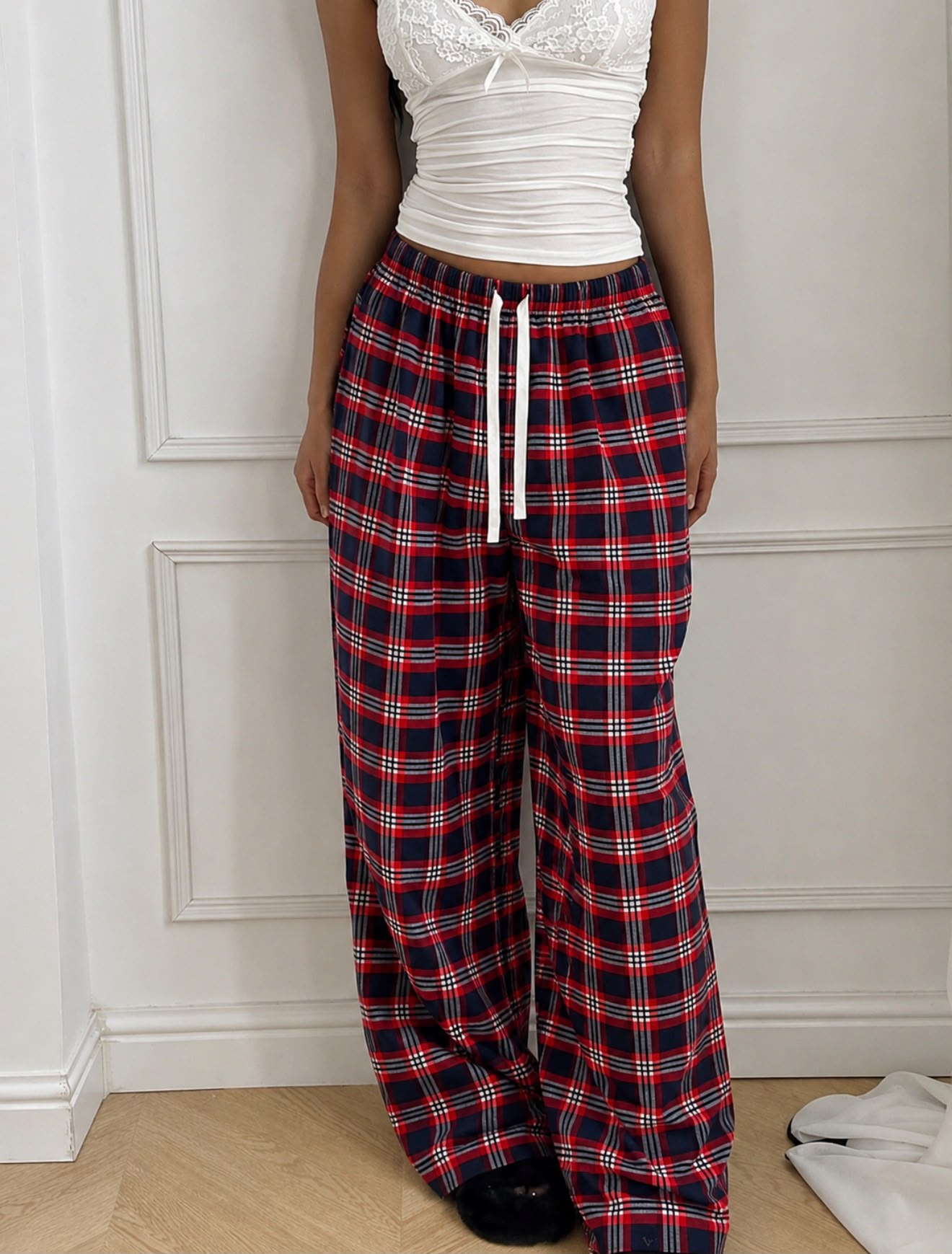 Baggy Unisex Ekose Eşofman Altı - Bordo Lacivert