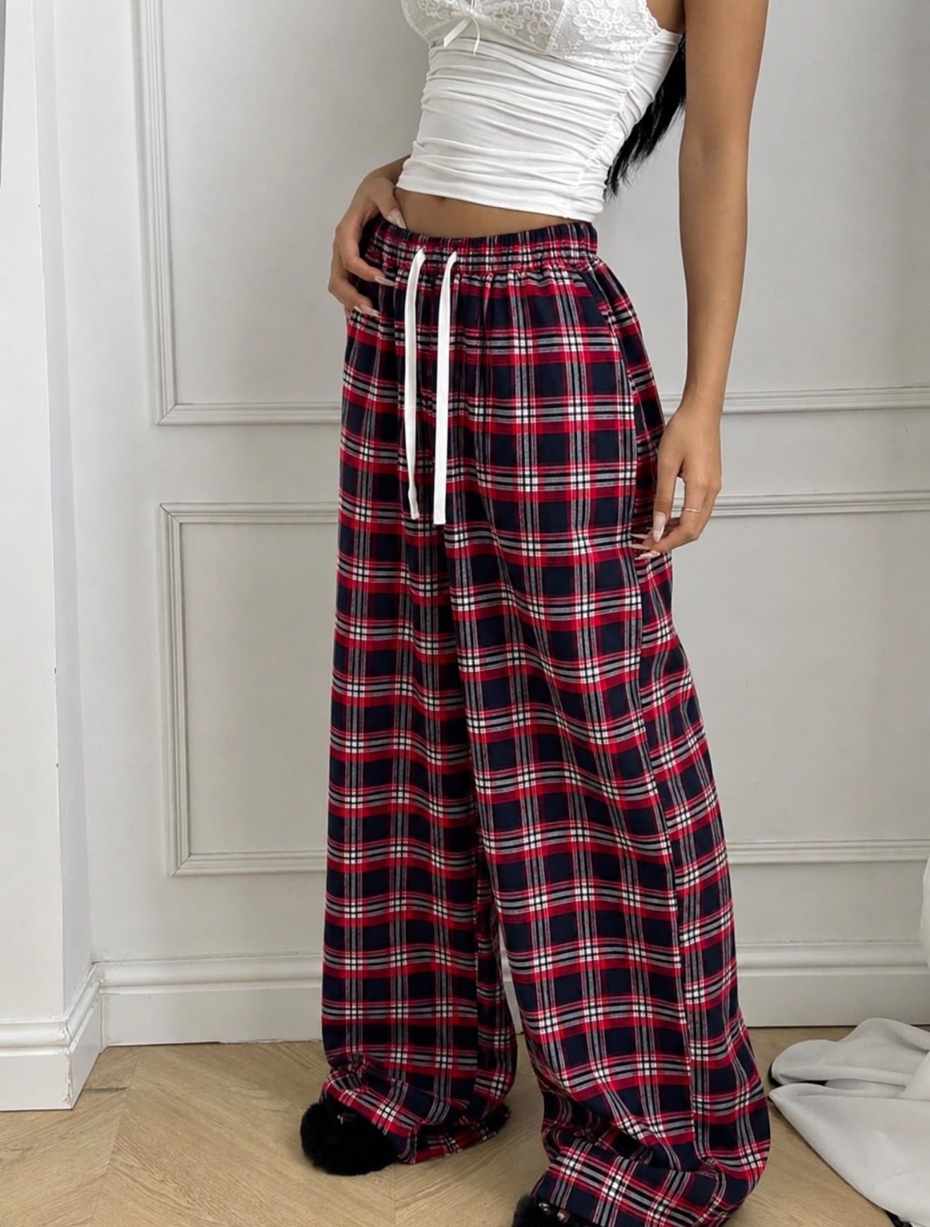 Baggy Unisex Ekose Eşofman Altı - Bordo Lacivert