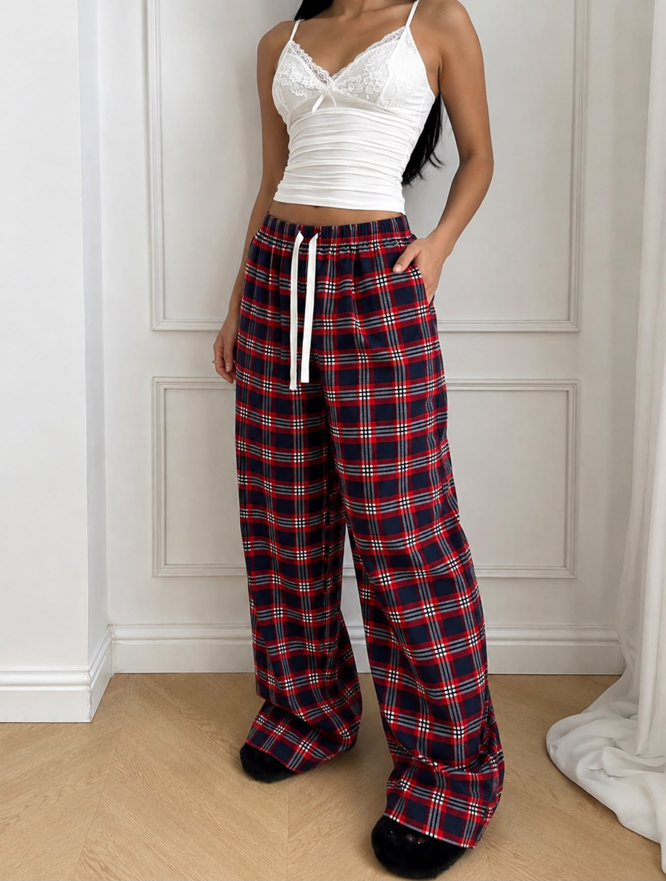 Baggy Unisex Ekose Eşofman Altı - Bordo Lacivert