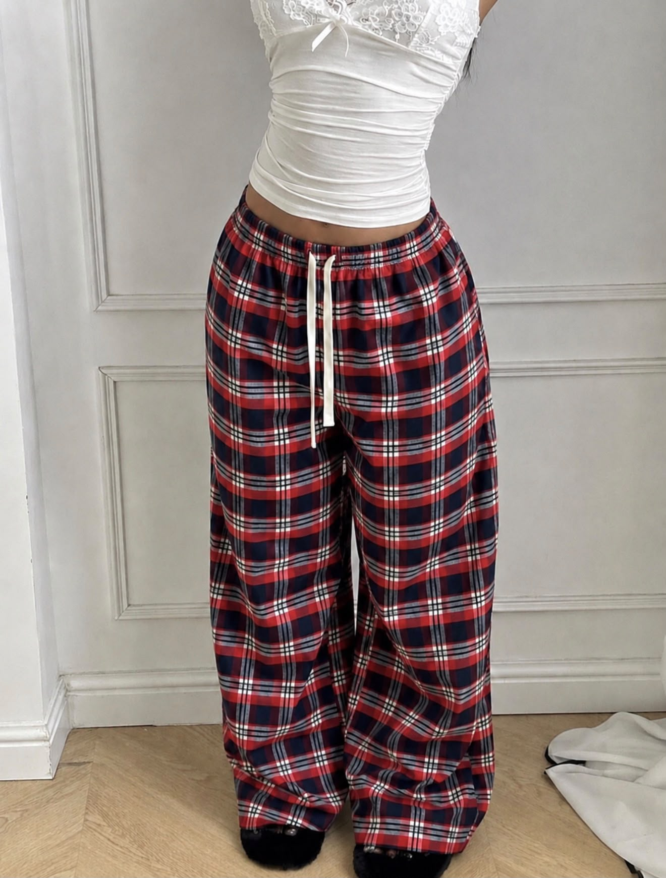 Baggy Unisex Ekose Eşofman Altı - Bordo Lacivert