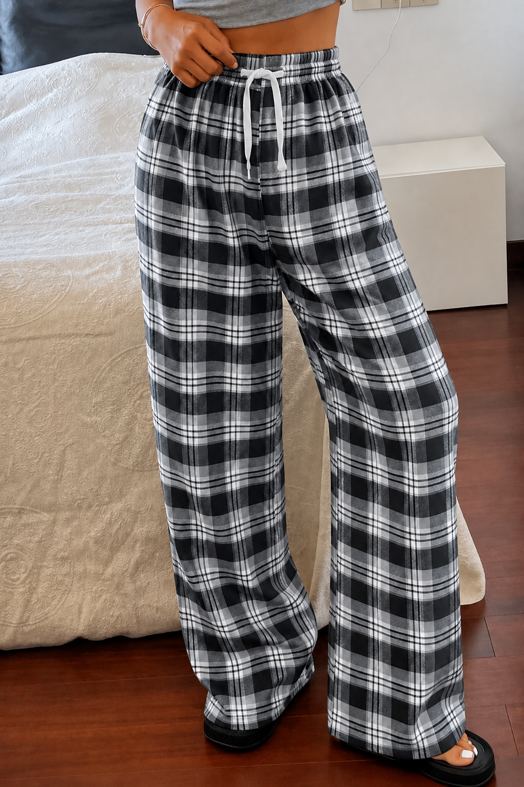 Baggy Unisex Ekose Eşofman Altı - Gri Siyah