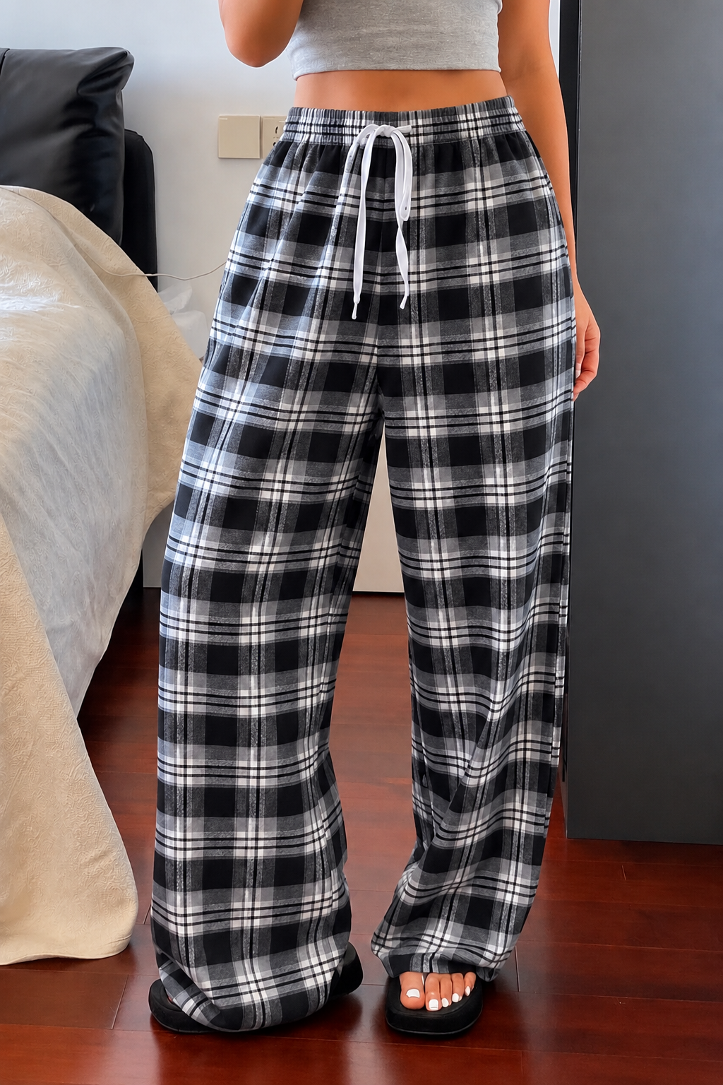 Baggy Unisex Ekose Eşofman Altı - Gri Siyah