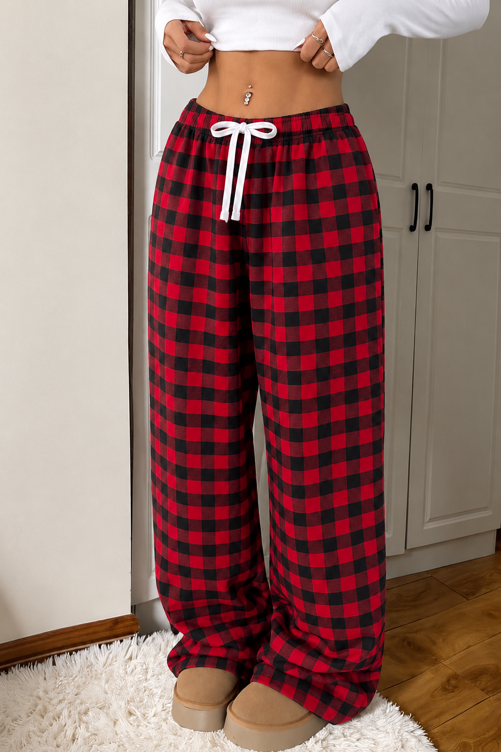 Baggy Unisex Ekose Eşofman Altı - Kırmızı Siyah