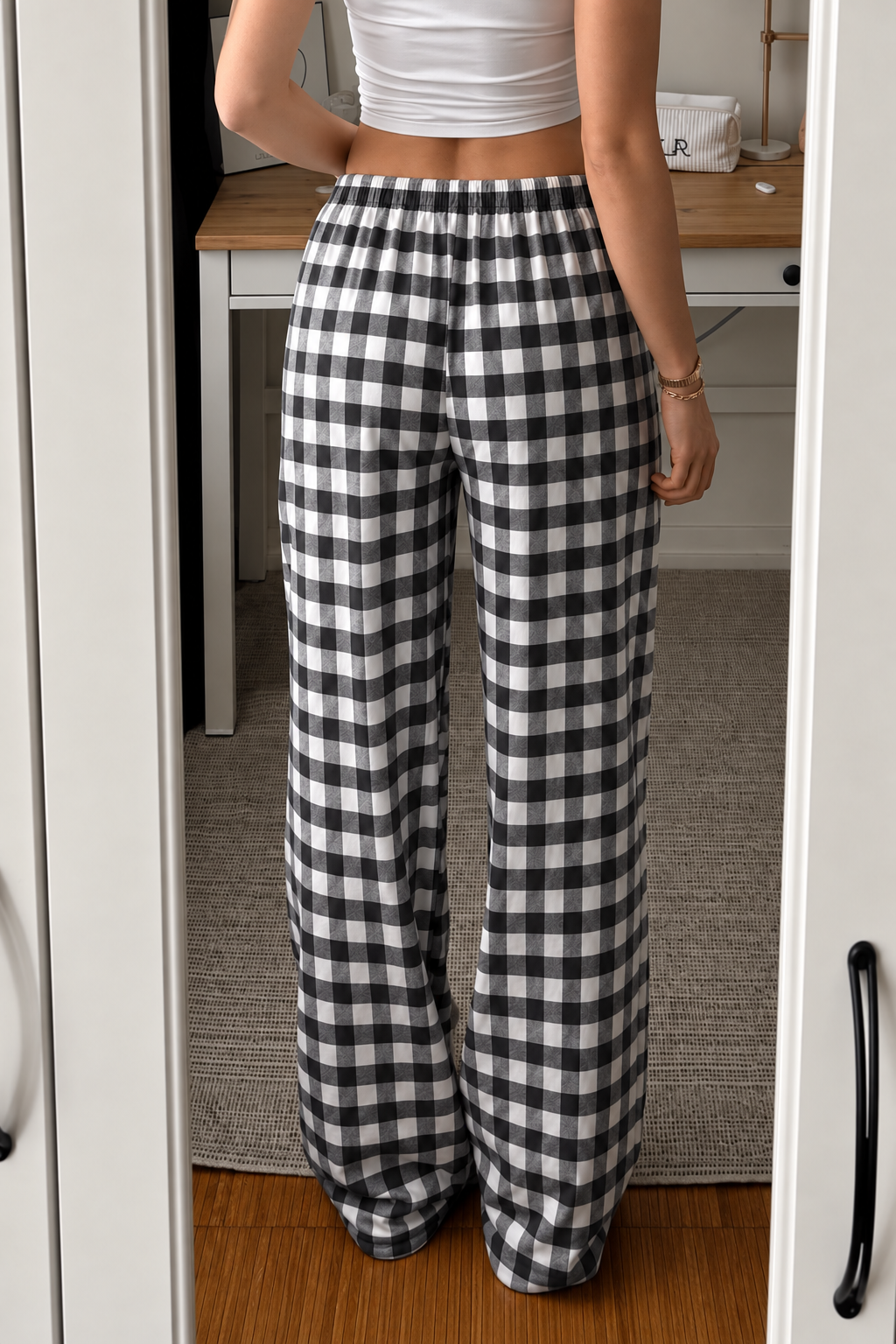 Baggy Unisex Kareli Ekose Eşofman Altı - Gri Siyah