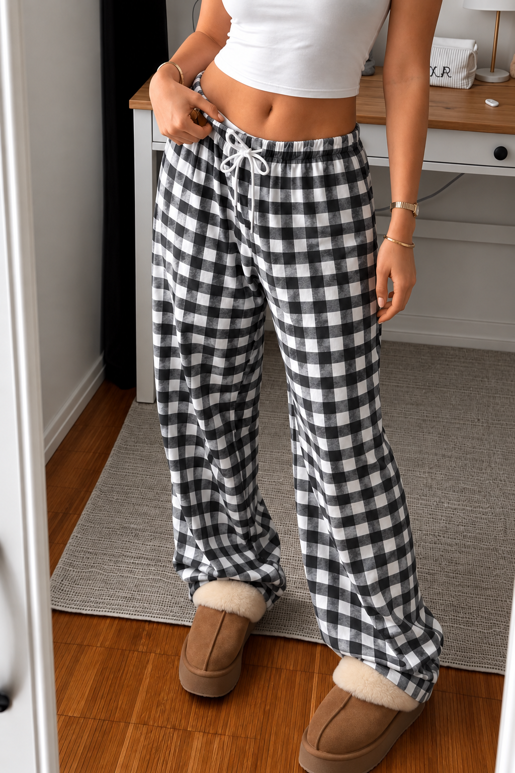 Baggy Unisex Kareli Ekose Eşofman Altı - Gri Siyah