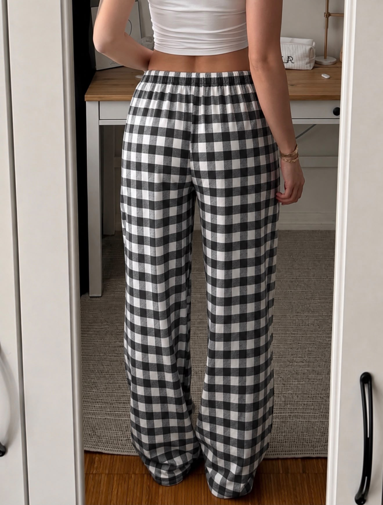 Baggy Unisex Kareli Ekose Eşofman Altı - Gri Siyah