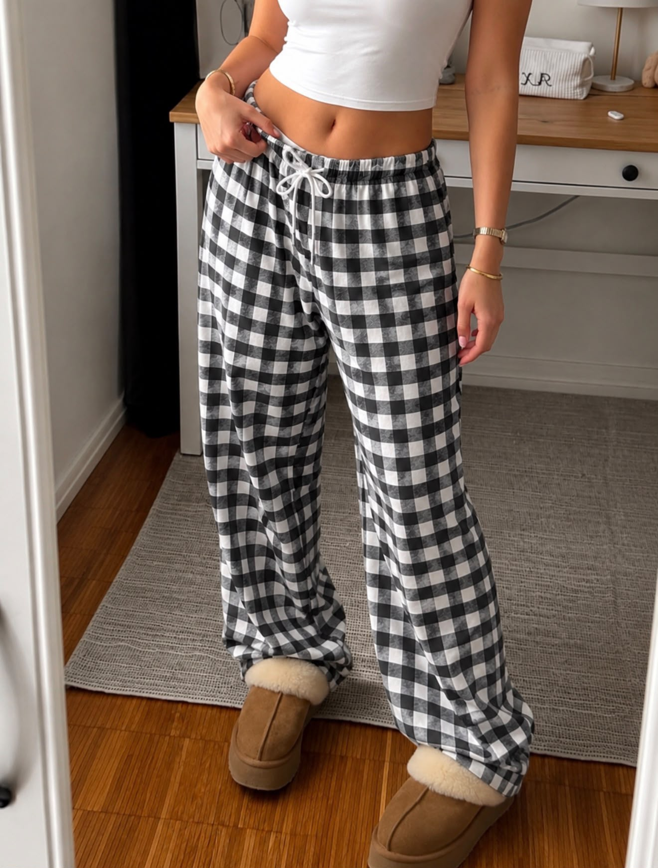 Baggy Unisex Kareli Ekose Eşofman Altı - Gri Siyah
