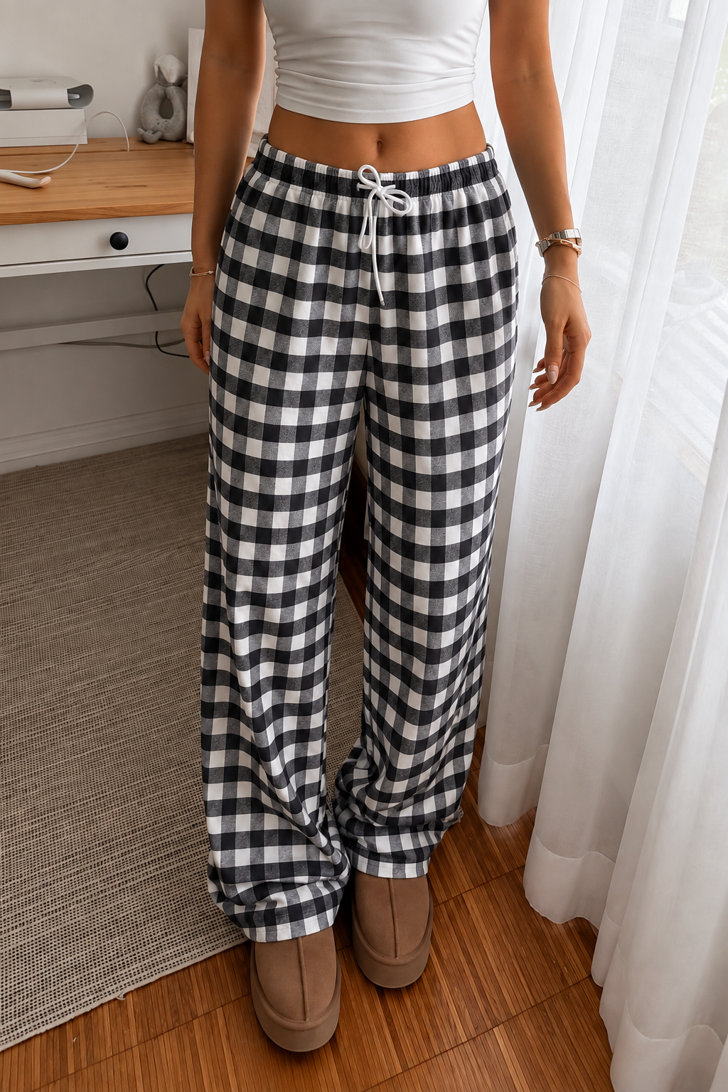 Baggy Unisex Kareli Ekose Eşofman Altı - Gri Siyah
