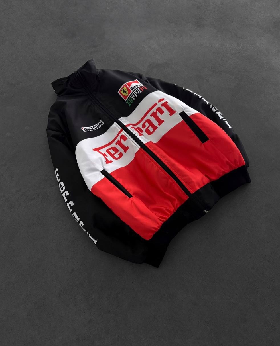Beyaz Ferrari Desenli Unisex Bomber Ceket