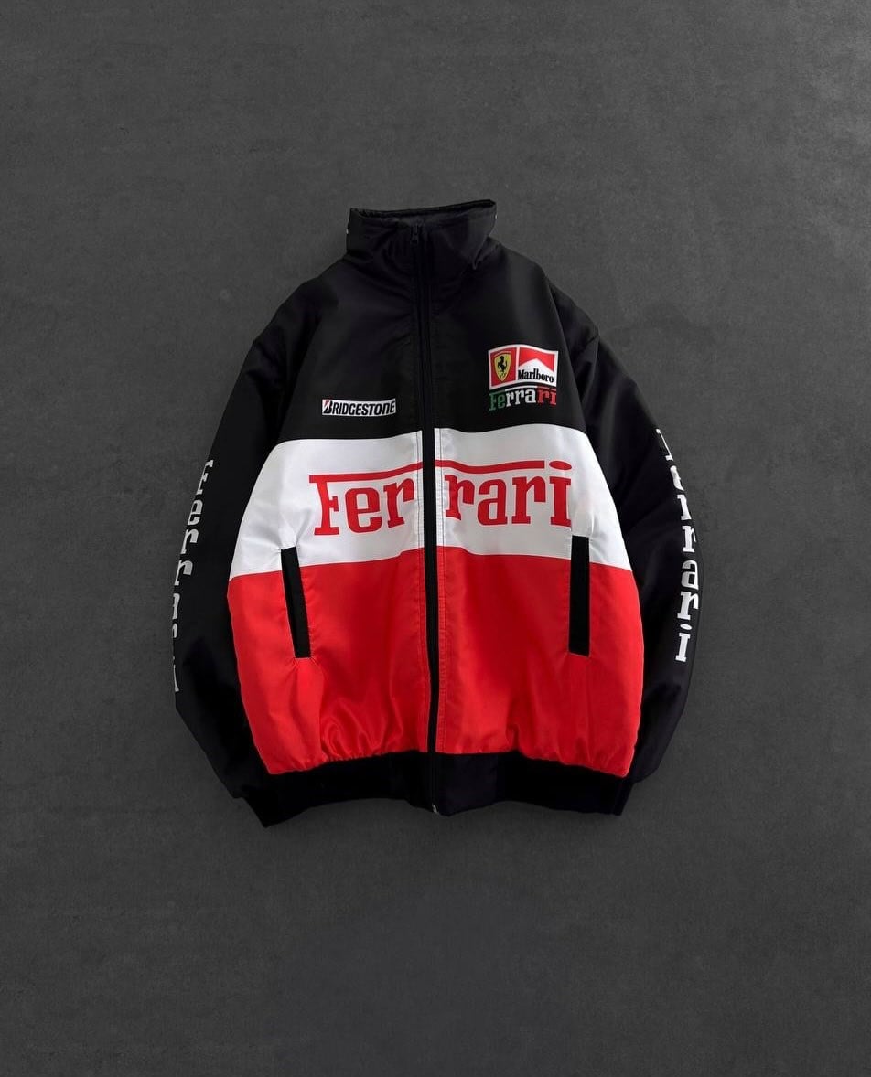 Beyaz Ferrari Desenli Unisex Bomber Ceket