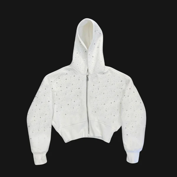 Beyaz Galaxy Taşlı Kapüşonlu Crop Hırka