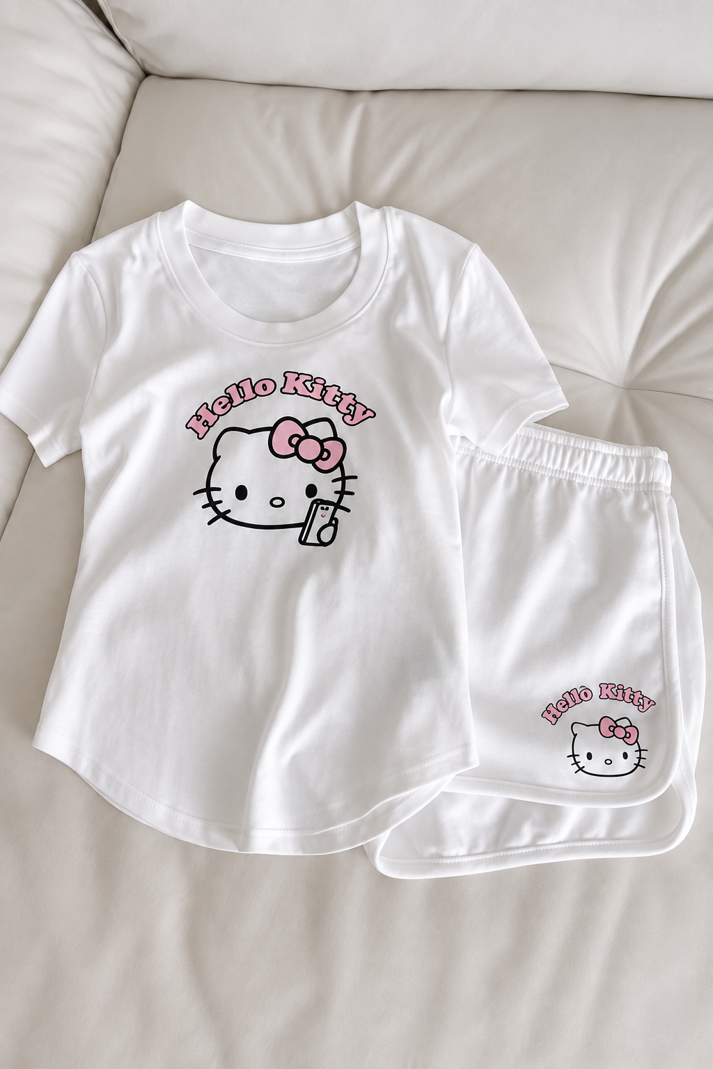Beyaz Hello Kitty Tam Boy Bluz Şort Alt Üst Takım