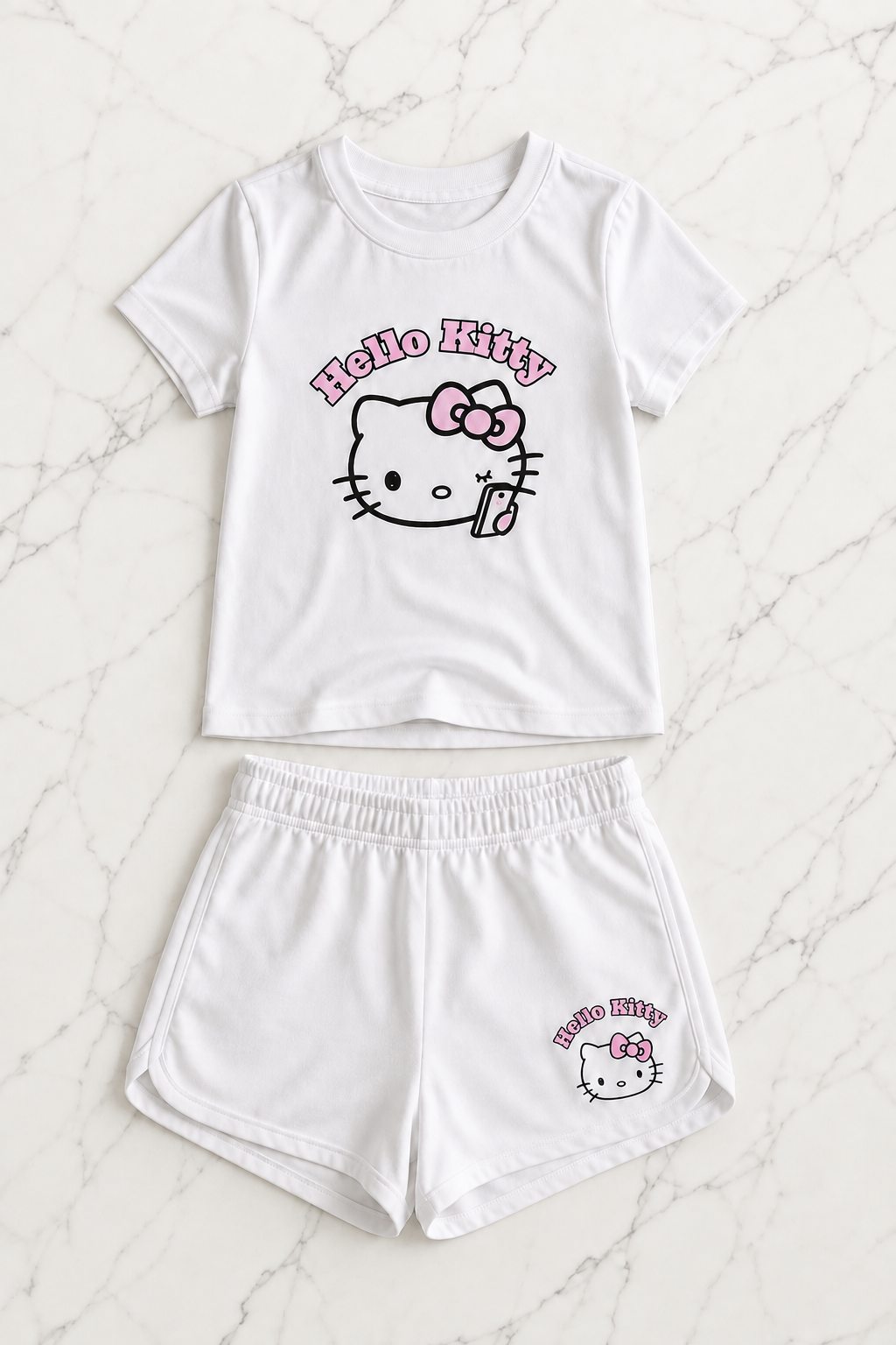 Beyaz Hello Kitty Tam Boy Bluz Şort Alt Üst Takım