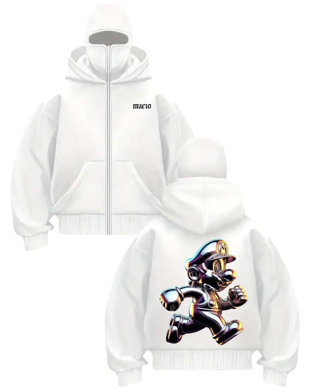 Beyaz Holo Mario Baskılı Kar Maskeli Unisex Sweatshirt Hırka