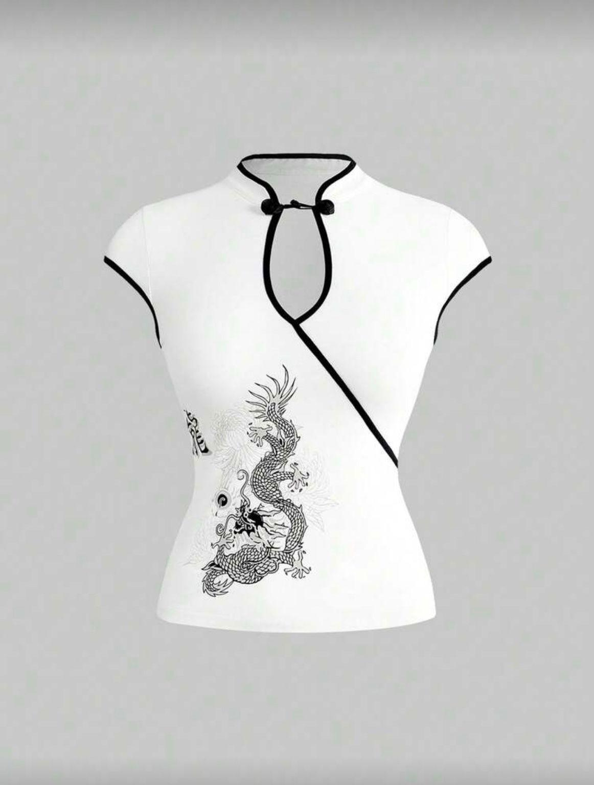 Beyaz Japones Style Mandarin Yaka Ejderha Desenli Bluz Crop