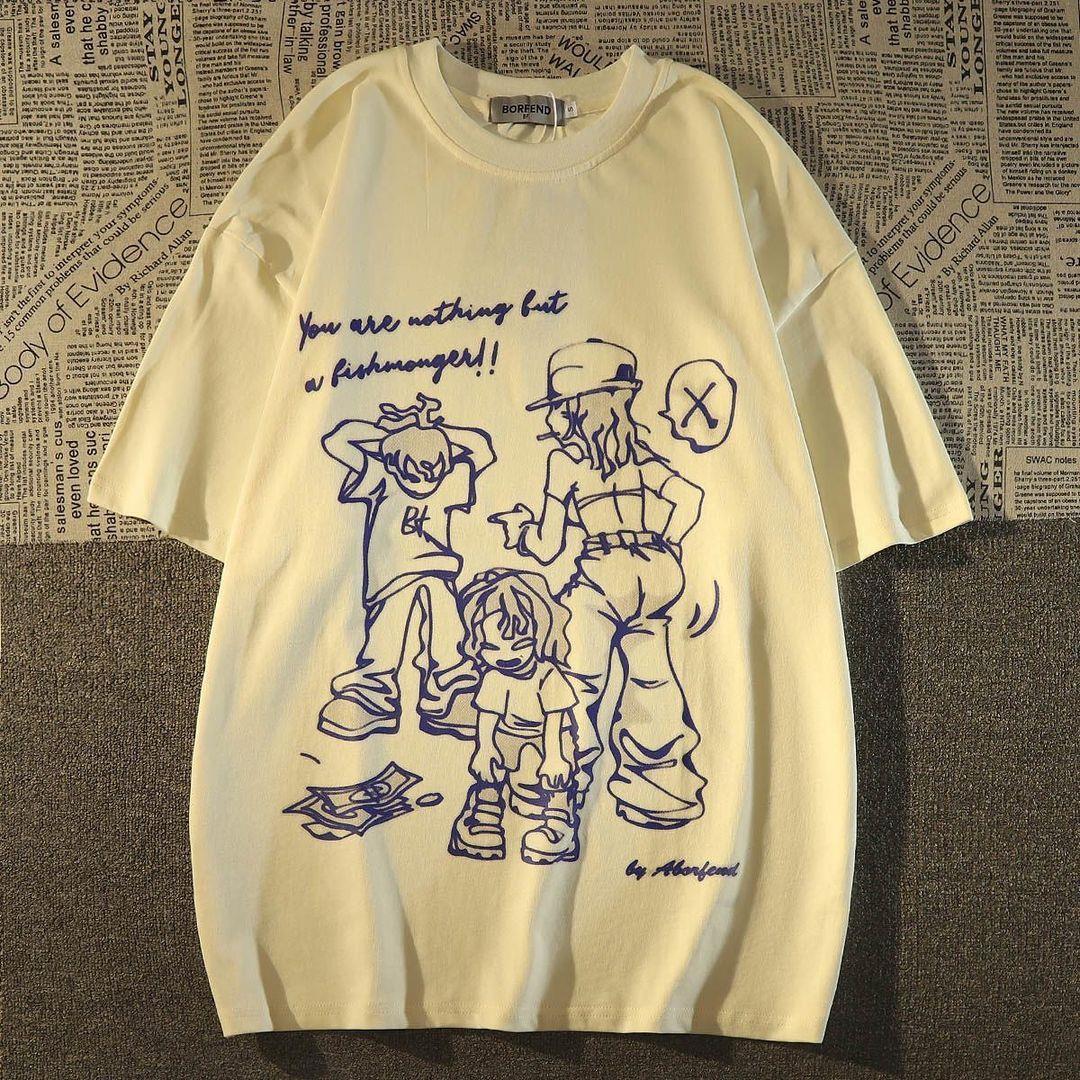 Beyaz Karikatür Karekter Detaylı Oversize Unisex T-shirt