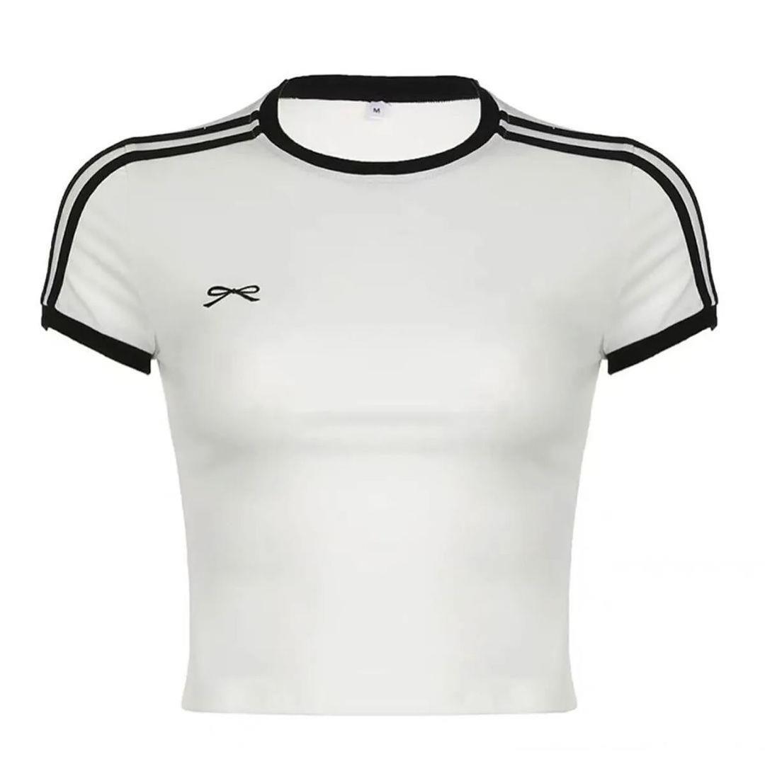 Beyaz Kurdele Detail Çizgili Crop T-shirt