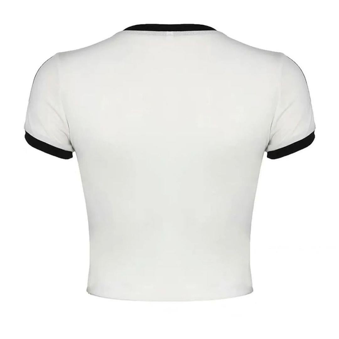 Beyaz Kurdele Detail Çizgili Crop T-shirt