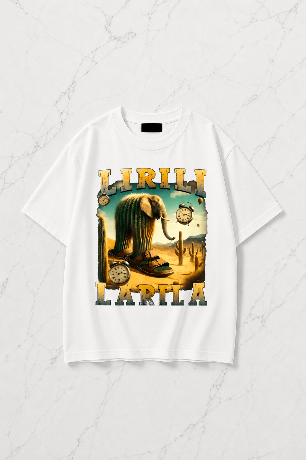 Beyaz Lirili Larila Baskılı Yıkamalı Vintage Unisex Oversize T-Shirt