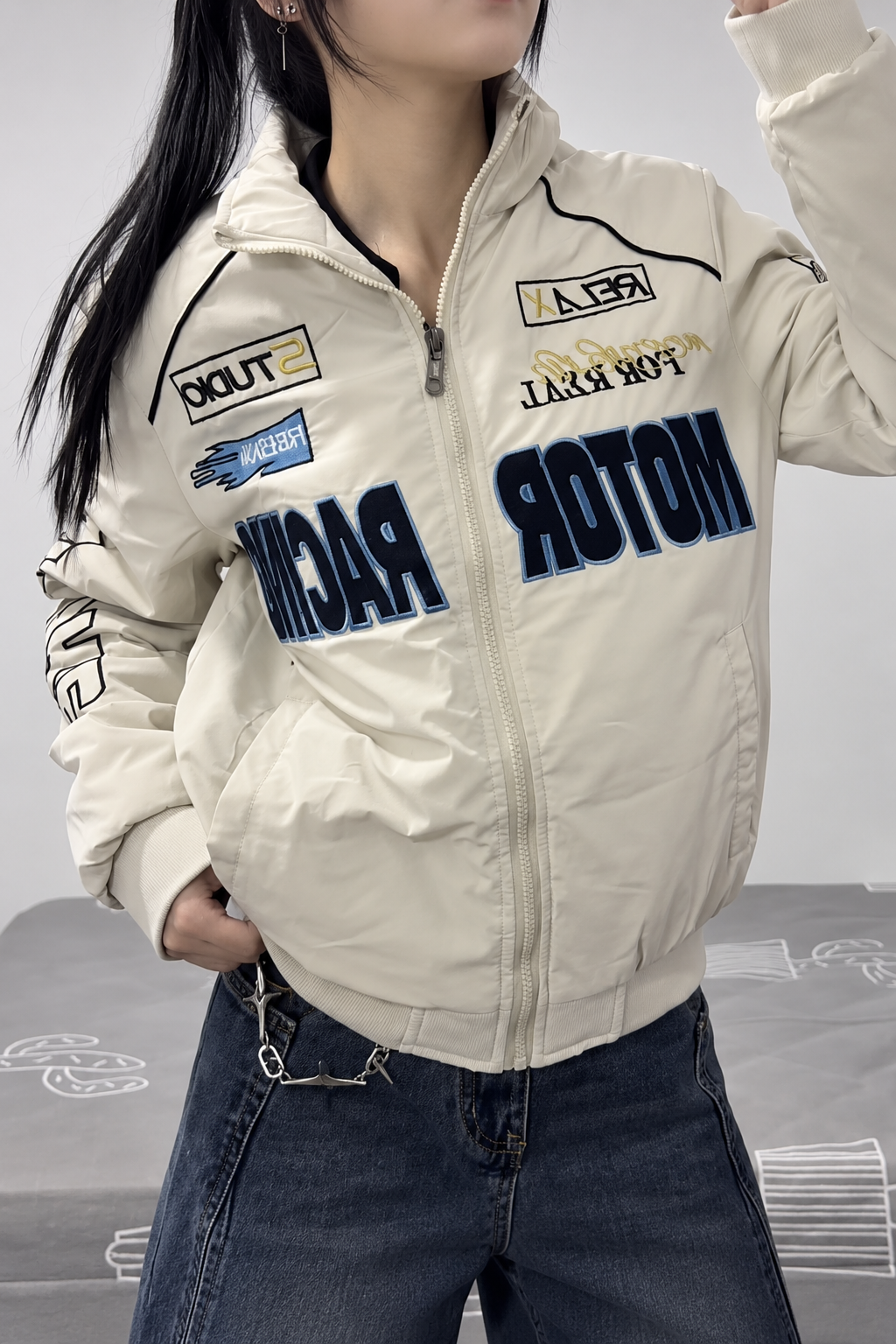 Beyaz Motor Racer Retro Y2K Unisex Ceket