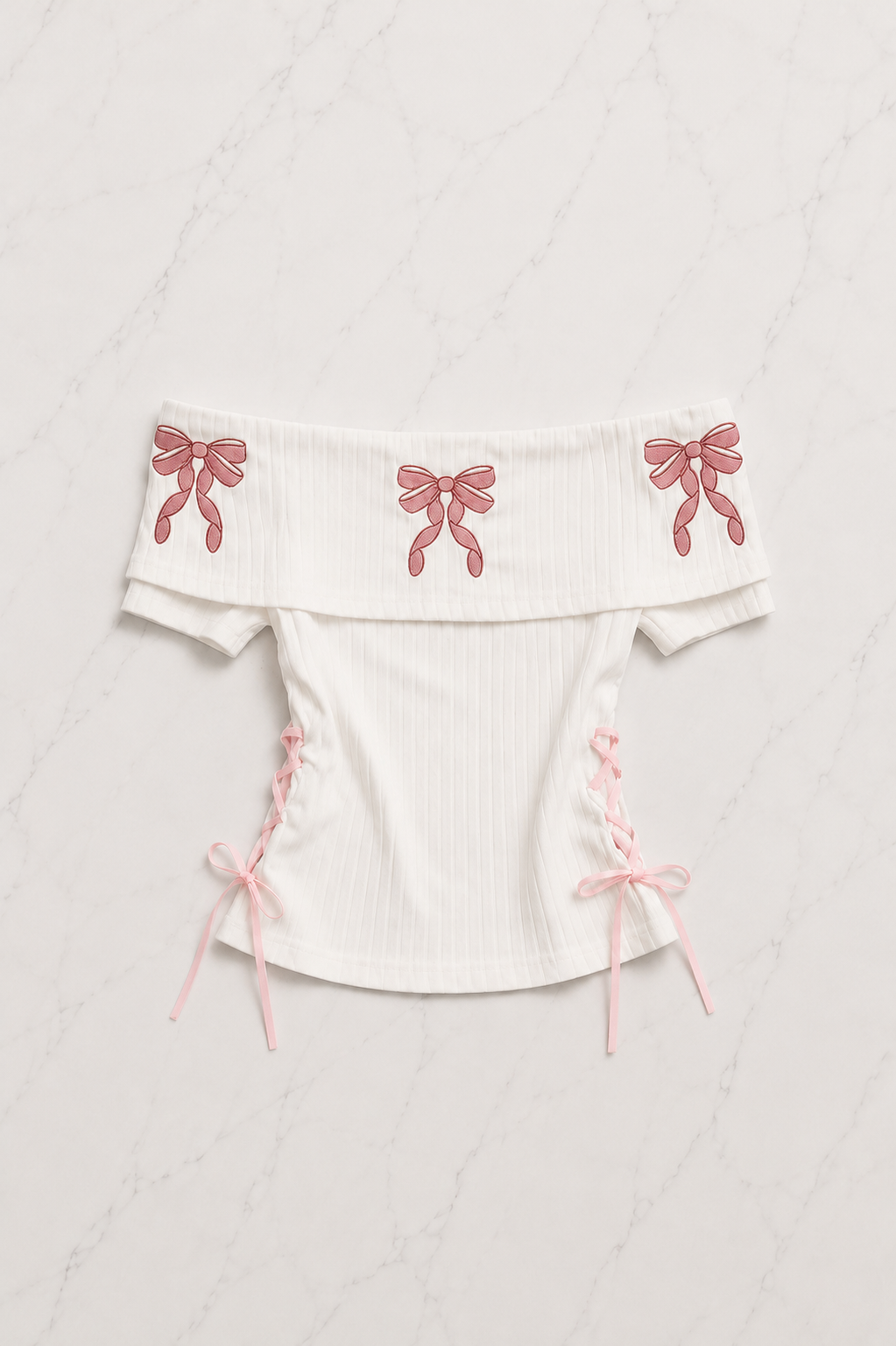 Beyaz Pembe Fiyonklu Harajuku Y2K Kısa Kollu Crop