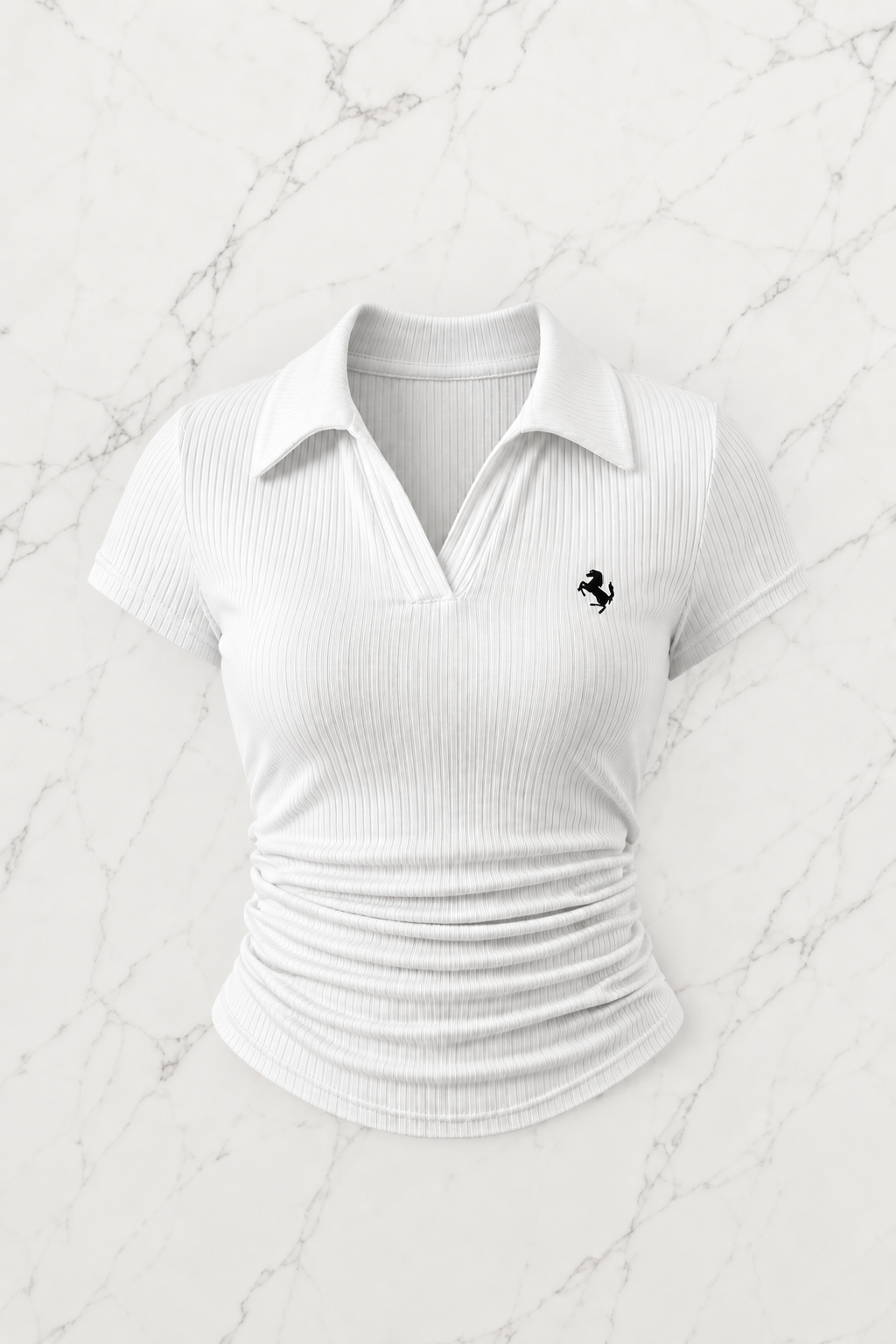 Beyaz Polo Yaka Fitilli Likralı Bluz