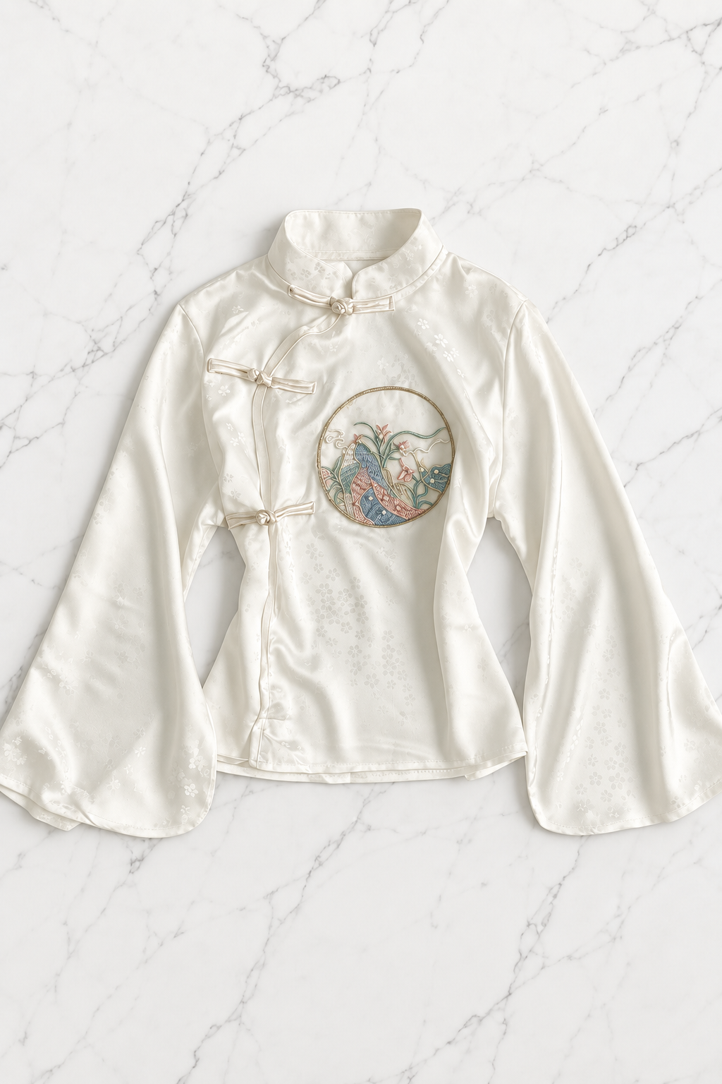 Beyaz Qipao Nakış Deatylı Y2K Uzun Kollu Crop